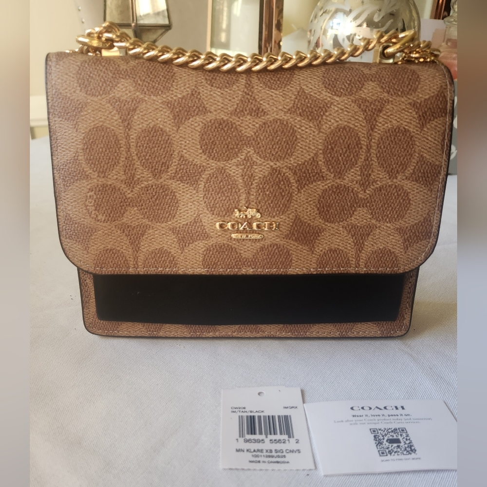 Coach Signature Tan and Black Crossbody Bag